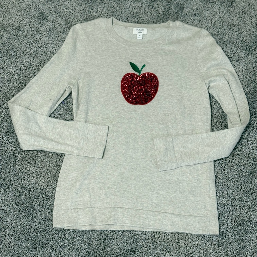 J. Crew Tan Teddie Sweater with Red Sequin Apple